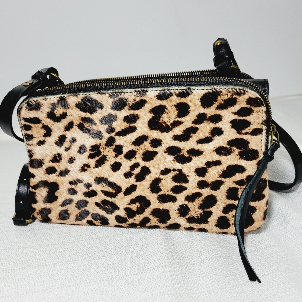 Madewell Twin Pouch Black Leather & Leopard Print Calf Hair Crossbody Bag New